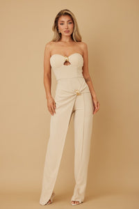 Palazzo strapless con aplicaciones doradas