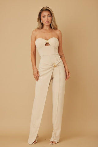 Palazzo strapless con aplicaciones doradas