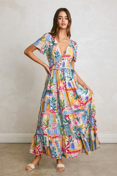 Vestido  largo estamapdo manga corta