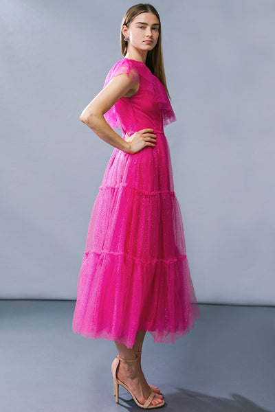 Vestido  largo una manga de tul con brillos