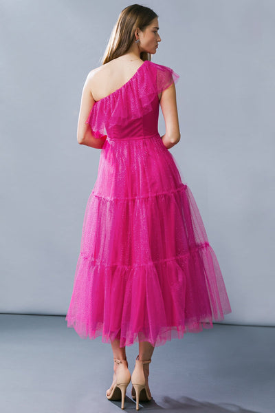 Vestido  largo una manga de tul con brillos
