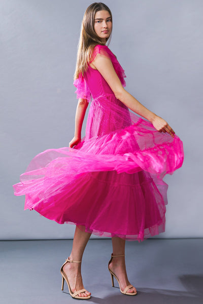 Vestido  largo una manga de tul con brillos