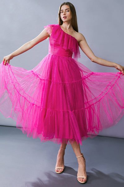 Vestido  largo una manga de tul con brillos