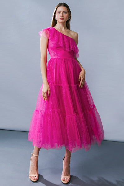Vestido  largo una manga de tul con brillos