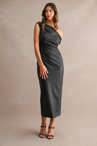 Vestido largo vinipiel a los hombros