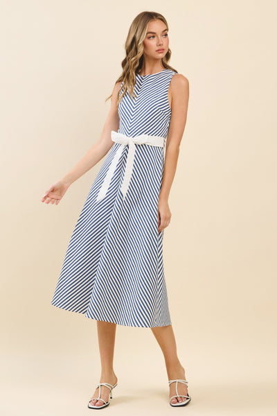 Vestido midi rayas con cinta
